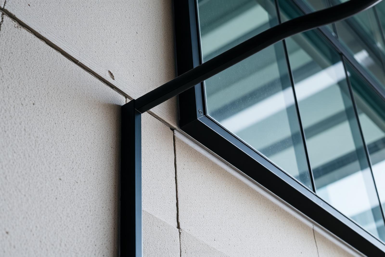 Detalhe construtivo de concreto, aço e vidro